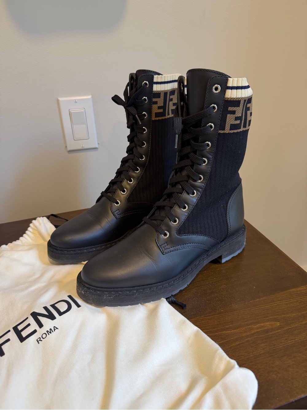 Fendi Black Leather and Knit Logo Combat Boots